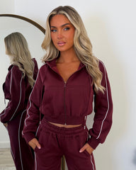 Daphne Cropped Long Sleeve Straight Leg Tracksuit with Piping Detail - Wine