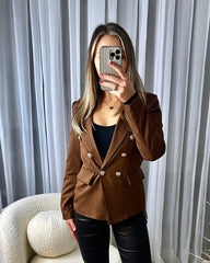 Thea Fitted Gold Button Blazer - Chocolate