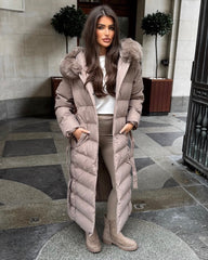 Anastasia Longline Belted Hooded Faux Fur Coat - Taupe