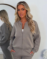 Amelia Bomber Zip Jacket & Straight Leg Joggers Set- Dove Grey