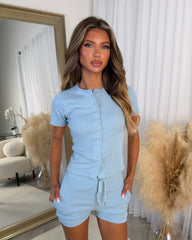 Alexa Round Neck Button Front Short Sleeve Top & Short Set - Baby Blue