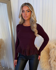 Violetta Ribbed Top with Lace-Up Hem Detail - Burgundy