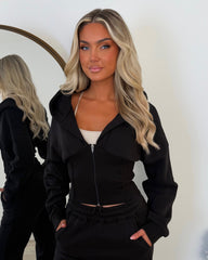 Hayley Corset Design Hooded Zip Jacket with Straight Leg Trousers Set - Black