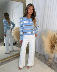 Stripe Detail Long Sleeve Top - Baby Blue