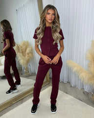 Elsie Short Sleeve Button Top & Trouser Co-ord Set - Wine