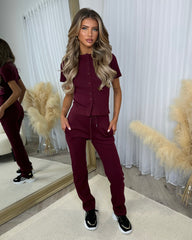 Elsie Short Sleeve Button Top & Trouser Co-ord Set - Wine