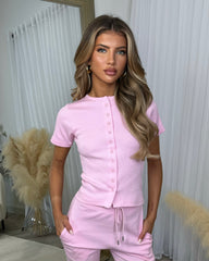 Elsie Short Sleeve Button Top & Trouser Co-ord Set - Baby Pink