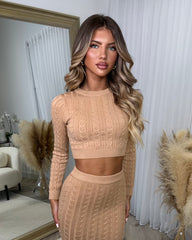 Gemma Cable Knit Skirt & Crop Jumper Set - Camel
