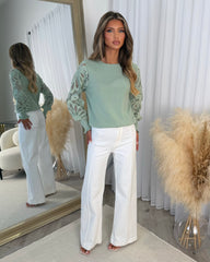 Charlotte Round Neck Jumper with Flower Arm Design - Sage Green