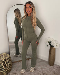 Kira Zip-Up Jacket & Flared Leg Gym Set - Khaki