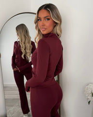 Kira Zip-Up Jacket & Flared Leg Gym Set - Wine