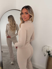 Lexi Fleece Lined Zip Jacket & Flared Trouser Gym Set - Beige