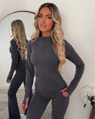 Lexi Fleece Lined Zip Jacket & Flared Trouser Gym Set - Charcoal