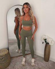 Vexa Cropped Top, Jacket & Leggings Gym Set - Khaki