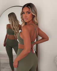 Vexa Cropped Top, Jacket & Leggings Gym Set - Khaki