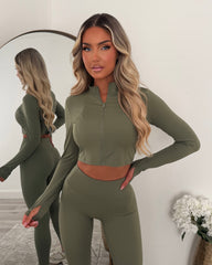 Vexa Cropped Top, Jacket & Leggings Gym Set - Khaki