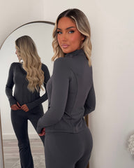 Aria Zip Jacket with Pockets & Flared Trouser Gym Set - Charcoal