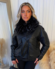 Isadora Faux Fur Collared Leather Jacket - Black