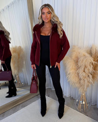 Aspen Faux Fur Hood Cardigan- Wine