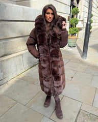 Olivia  Long Hooded Coat with Faux Fur Hood & Elegant Faux Front Fur Trim- Chocolate