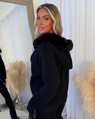 Aspen Faux Fur Hood Cardigan- Black