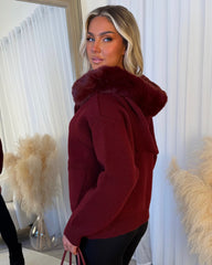 Aspen Faux Fur Hood Cardigan- Wine