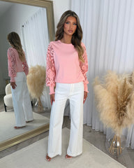 Charlotte Round Neck Jumper with Flower Arm Design - Rose Pink