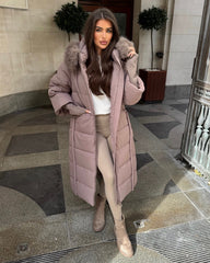 Helena Long Padded Coat with Faux Fur Detail Hood - Taupe
