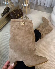 Vera Suede Fold-Over Mid-Calf Heeled Boots - Camel Suede