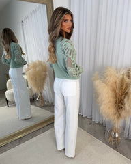Charlotte Round Neck Jumper with Flower Arm Design - Sage Green