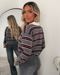 Remi Collared Stripe Button Jumper - Grey/Burgundy