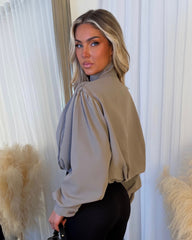 Eliana Short Trench Jacket with Ruched Shoulders - Mocha