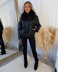Isadora Faux Fur Collared Leather Jacket - Black