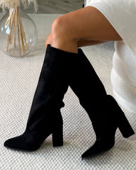 Sasha Suede Knee-High Heeled Boots - Black Suede
