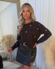 Pearl Gold Beaded Detail Jumper- Chocolate