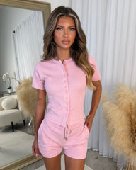 Alexa Round Neck Button Front Short Sleeve Top & Short Set - Baby Pink