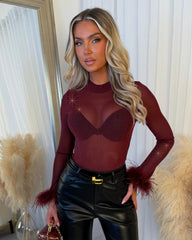 Maria High Neck Sheer Glittery Long Sleeve Bodysuit - Wine