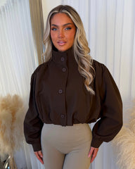 Eliana Short Trench Jacket with Ruched Shoulders - Chocolate