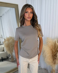 NADIA Round Neck Scuba Fabric Side Ruched T-Shirt - Mocha