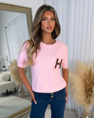 Bella Round Neck 'H' Leather Buckle Detail Knitted Top - Baby Pink