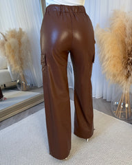 Maisie Pocket Detail Pu Leather Cargo Pants - Camel