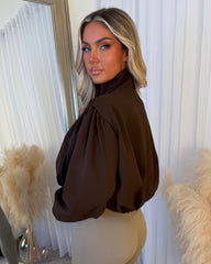 Eliana Short Trench Jacket with Ruched Shoulders - Chocolate