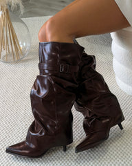 Beatrice Folded Knee High Pointed  Boots with Buckle Detail - Brown
