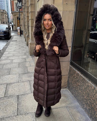 Arielle Long Padded Coat with Faux Fur Trim Hood - Brown