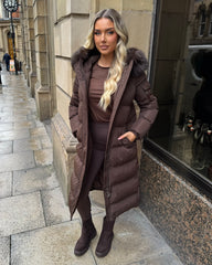 Keke Long Quilted Faux Fur Hood Coat- Chocolate