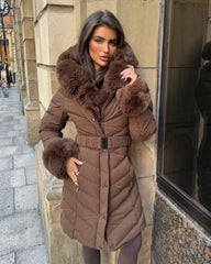 Emma Padded Faux Fur Trim Belted Coat - Chocolate