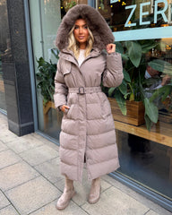 Chantel Long Padded Faux Fur Hooded Coat - Taupe