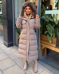 Chantel Long Padded Faux Fur Hooded Coat - Taupe