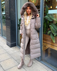 Chantel Long Padded Faux Fur Hooded Coat - Taupe