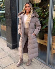 Chantel Long Padded Faux Fur Hooded Coat - Taupe